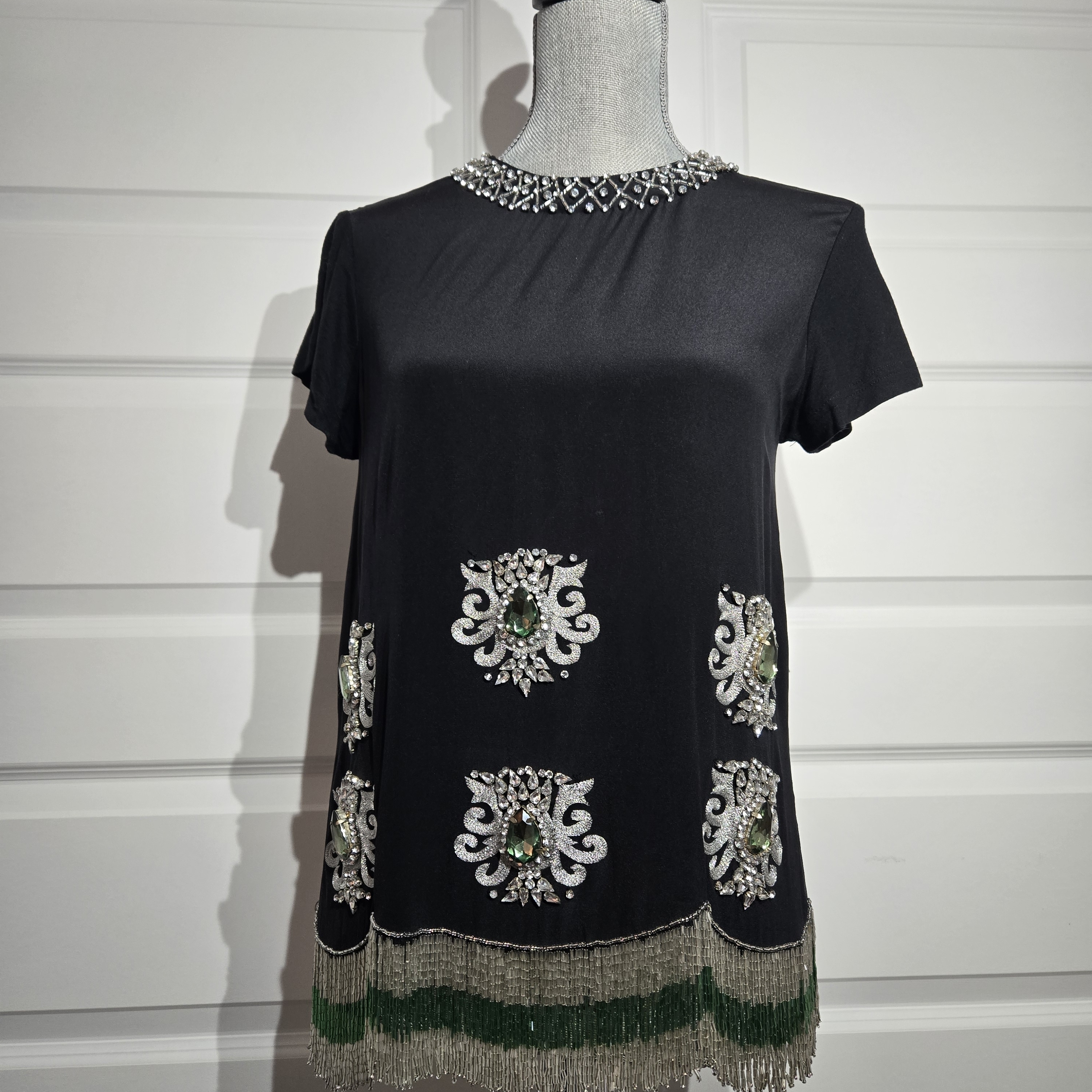 Chic Black Embellished Blouse With Green Details